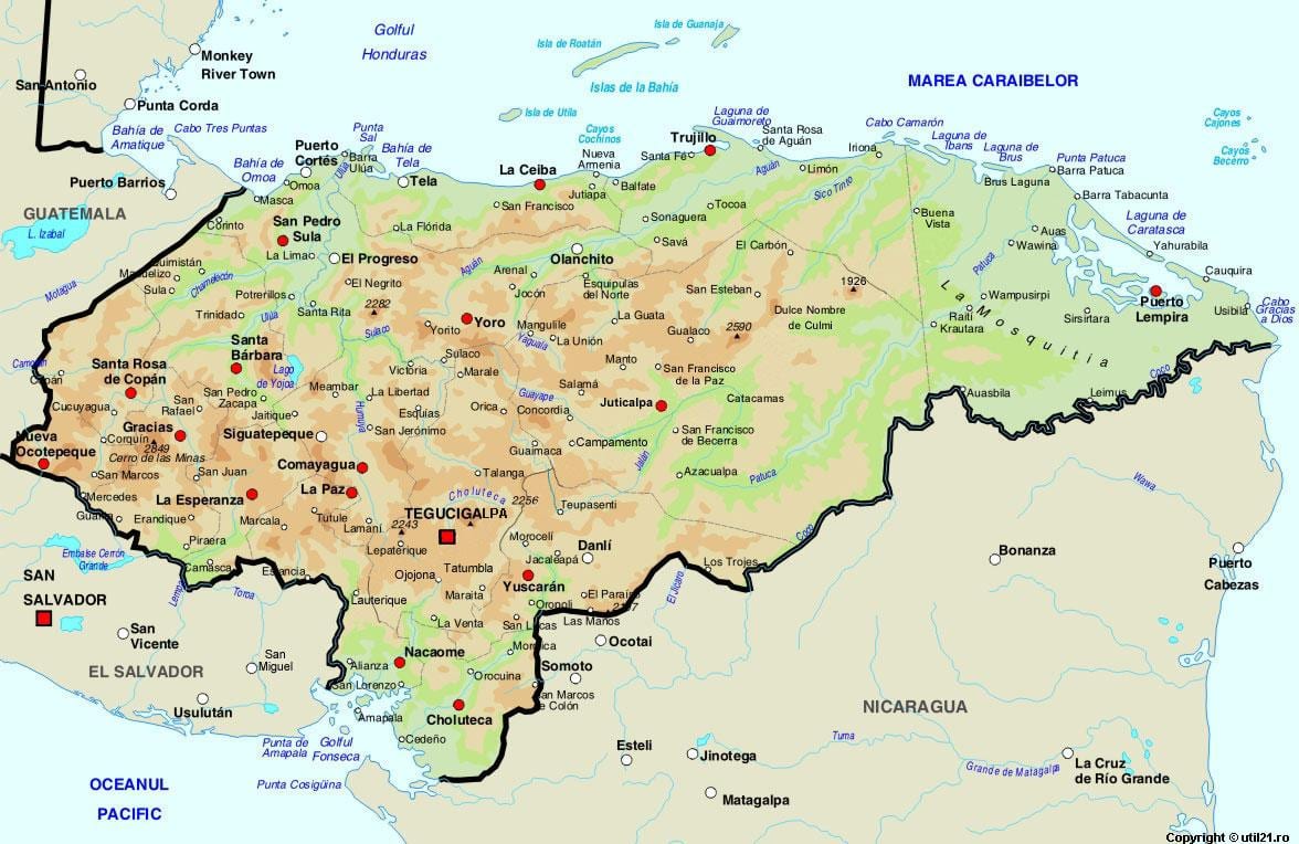 mapa Hondurasu i krajów sąsiednich