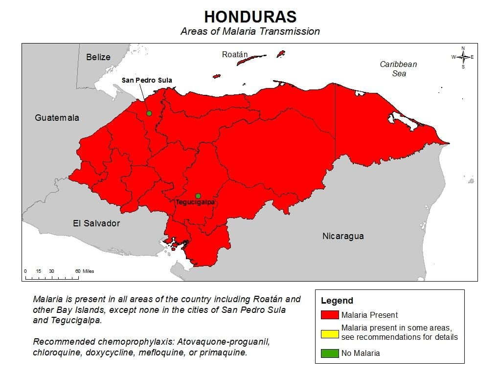 mapa Hondurasu z malarią